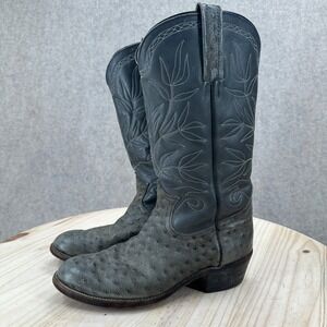 Frye Full Quill Ostrich Leather Cowboy Boots Gray Black Western Round Toe Men 8
